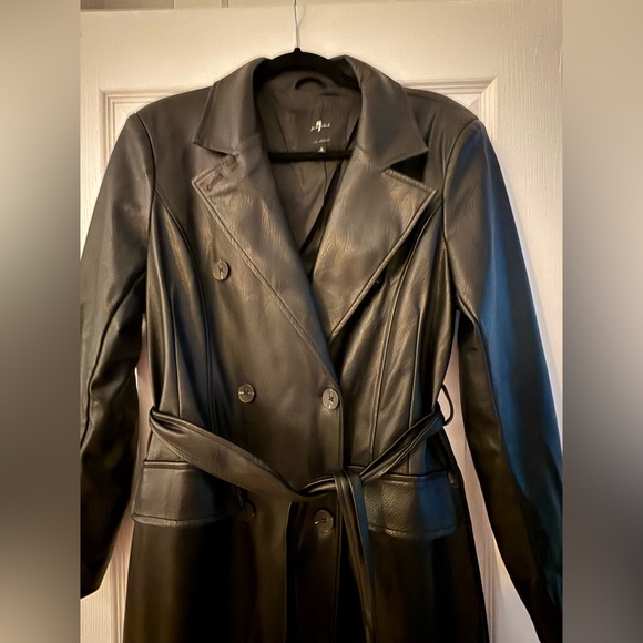 7 for All Mankind Long Black Faux Leather Trench - Picture 3 of 6